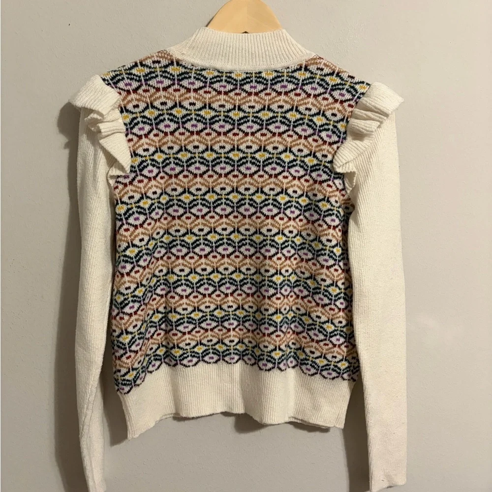 Loft Women's Geo Jacquard Ruffle Mock Neck Medium Cream Long Sleeves Cottagecore